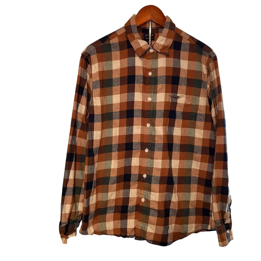 J. Crew Mens Large Flannel Button Down Shirt Brown Green Plaid Long Sleeve